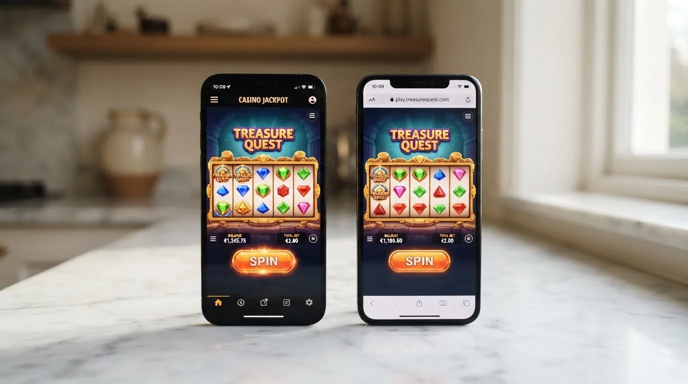 Un iPhone mostrando una app de casino abierta junto a un teléfono Android con el mismo casino cargado en el navegador, ambos en la misma página de tragaperras