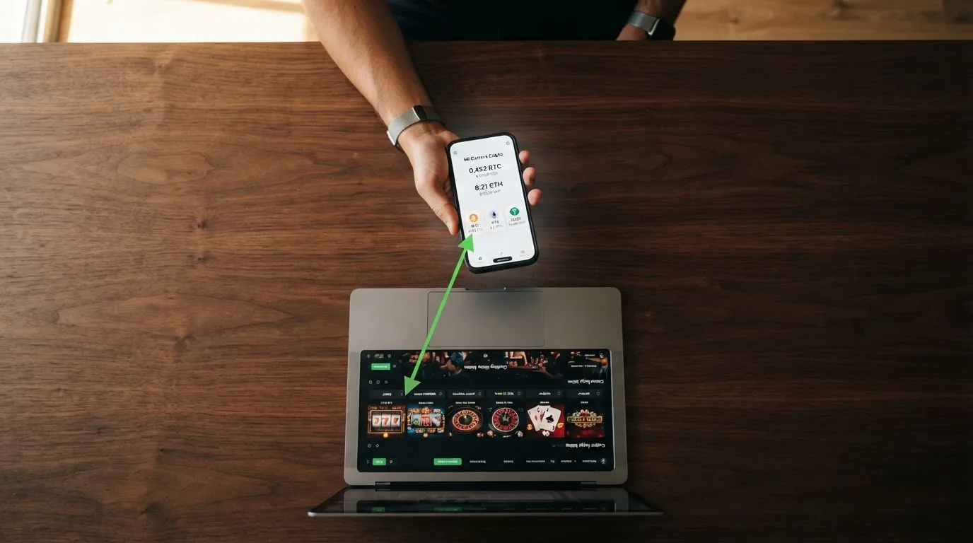 Una cartera digital mostrando un depósito en BTC, ETH y USDT hacia la interfaz de un casino online