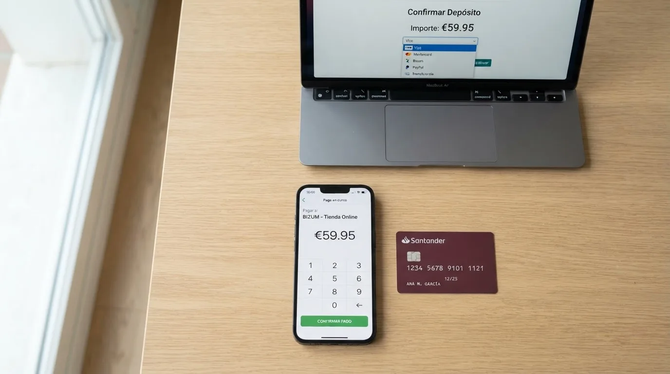 Un primer plano de un teléfono con la app de Bizum abierta junto a una tarjeta bancaria y una pantalla de ordenador con el logo de una pasarela de pago, todo sobre una mesa