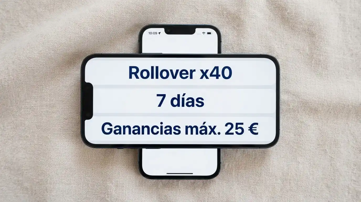 Primer plano de la pantalla de un móvil mostrando los términos de un bono sin depósito en una web con dominio .es, con las cifras de rollover, caducidad y tope de ganancias destacadas