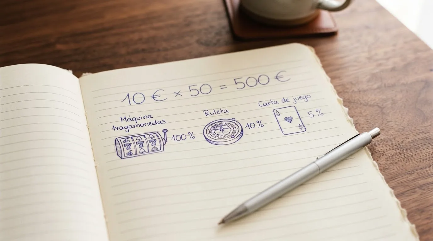Una calculadora o una hoja con anotaciones donde se multiplica «10 € x 50 = 500 €» junto a iconos de tragaperras, ruleta y blackjack con porcentajes al lado