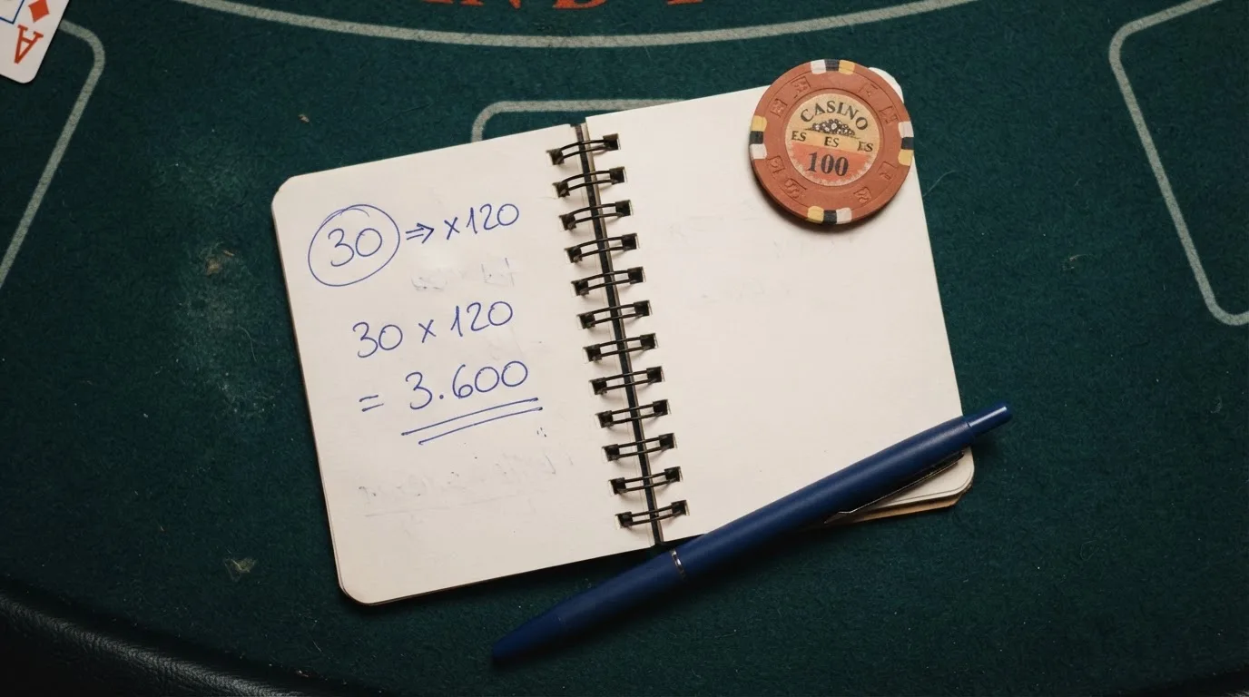 Representación visual de un cálculo de requisito de apuesta: importe del bono, multiplicador de rollover y resultado del volumen total a apostar