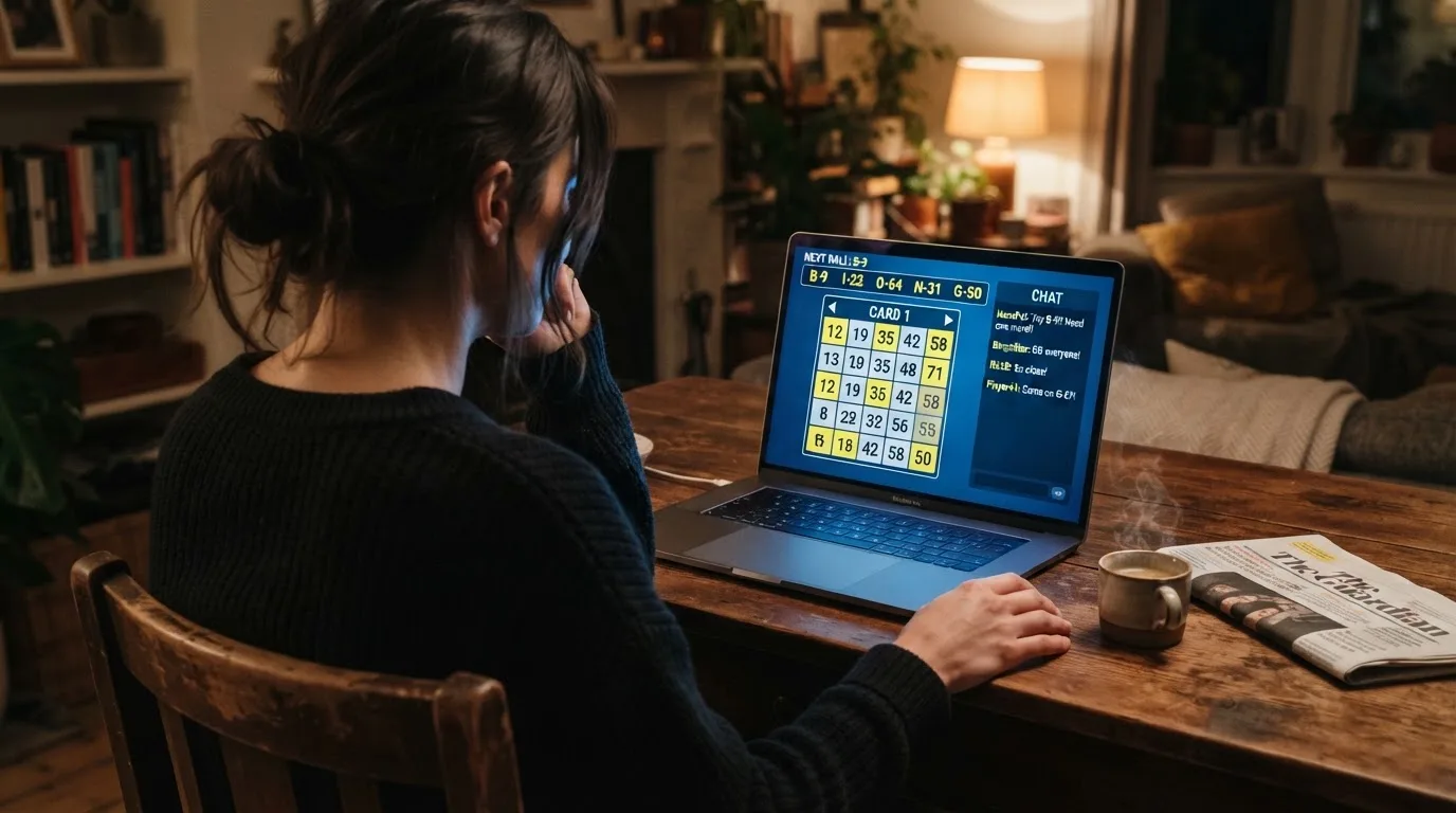 Captura de una sala de bingo multijugador con el chat activo, el marcador de bolas cantadas y el moderador identificado como CM