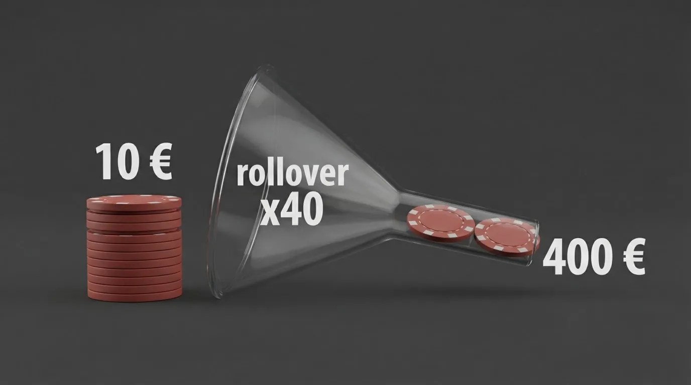 Infografía simple: una pila de fichas con la etiqueta 10 € que pasa por un filtro marcado rollover x40 y se reduce a una fracción del montón original