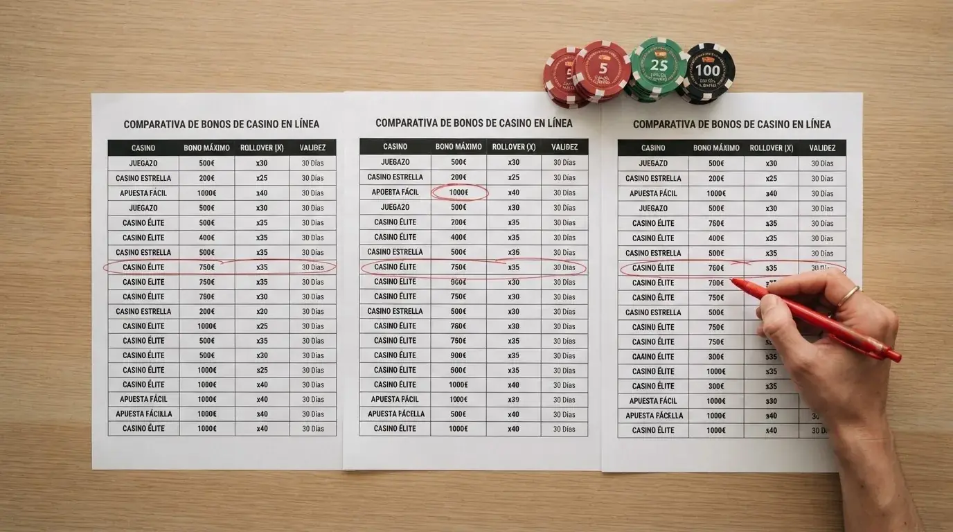 Tabla con los logotipos y las condiciones principales de los diez operadores de casino online con licencia DGOJ analizados en esta guía