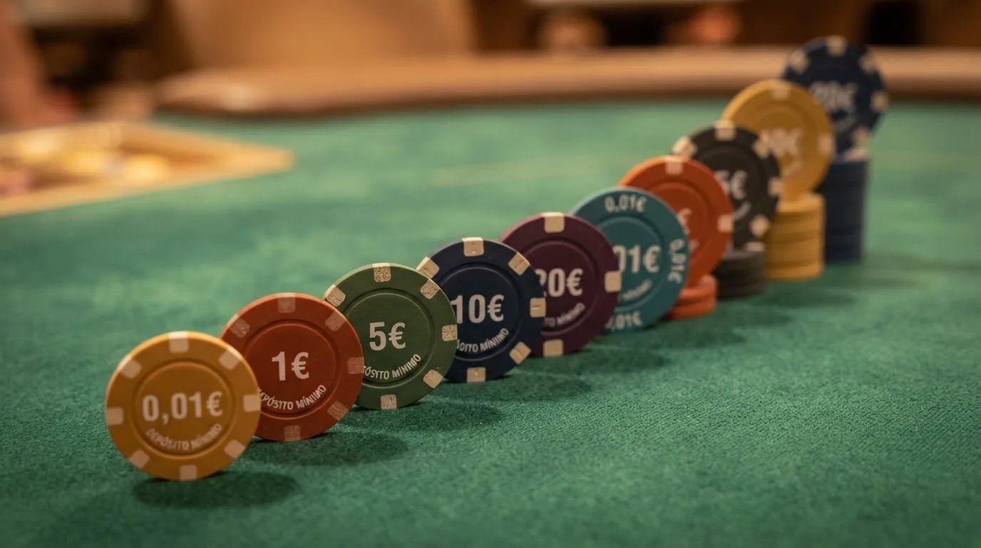 Diez fichas de casino ordenadas en escalera ascendente, cada una con un importe de depósito mínimo distinto grabado, desde 0,01€ hasta 10€