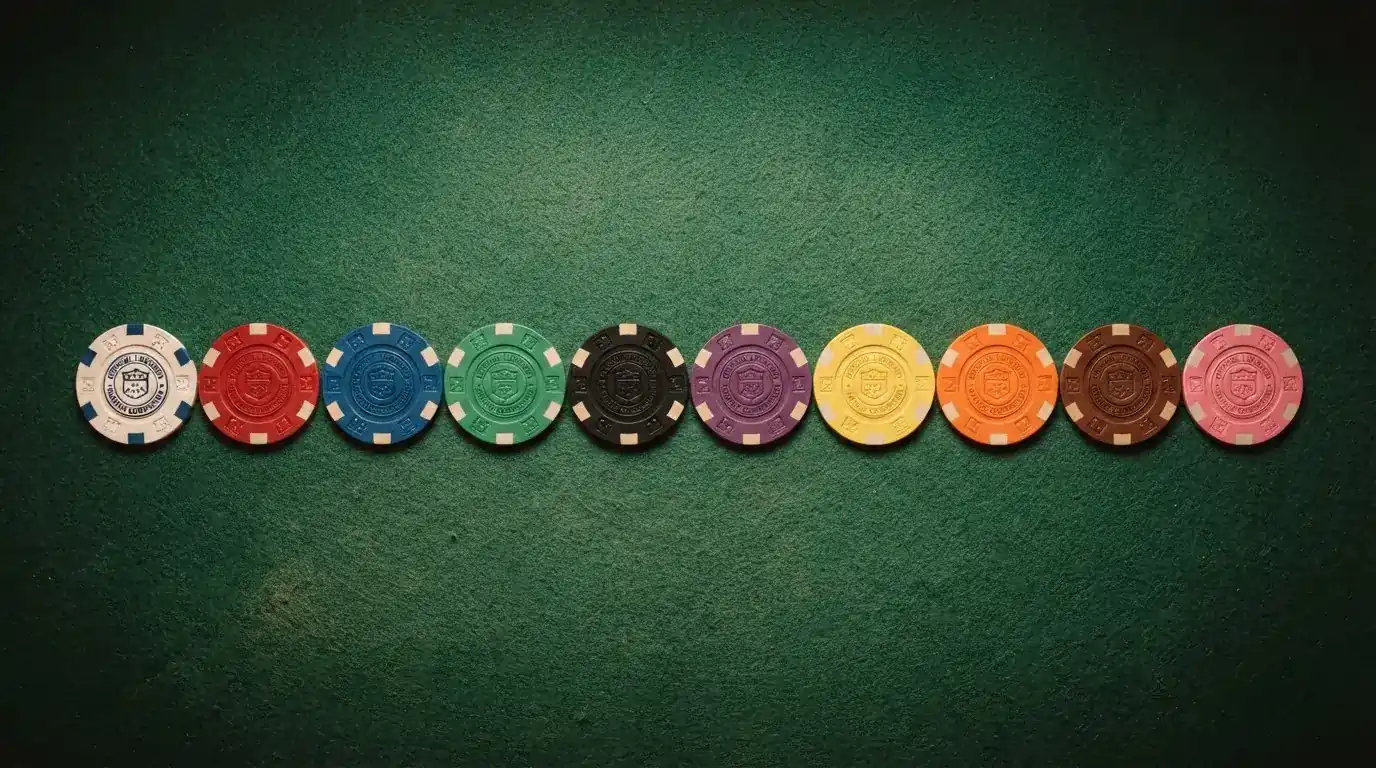 Panel con diez fichas de casino alineadas, cada una con el nombre de un operador y un sello visible de licencia DGOJ, sobre un fondo de mesa de juego verde