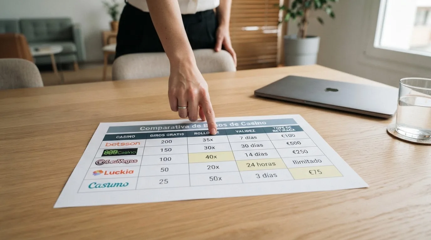 Tabla comparativa con los logotipos y condiciones principales de varios casinos online que ofrecen tiradas gratis a jugadores españoles.