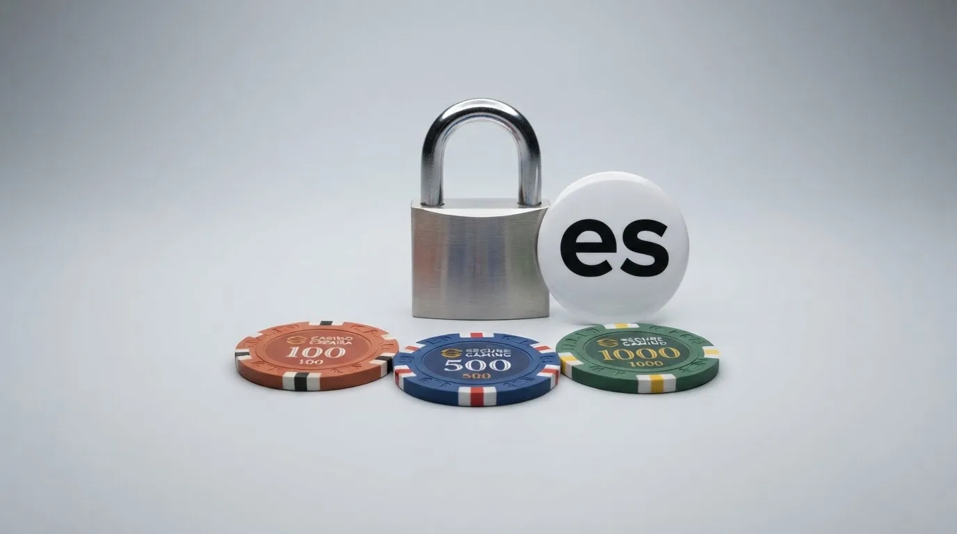 Vista comparativa de fichas de casino con iconos de giros gratis, candado de seguridad y el símbolo de verificación .es, sobre un fondo limpio