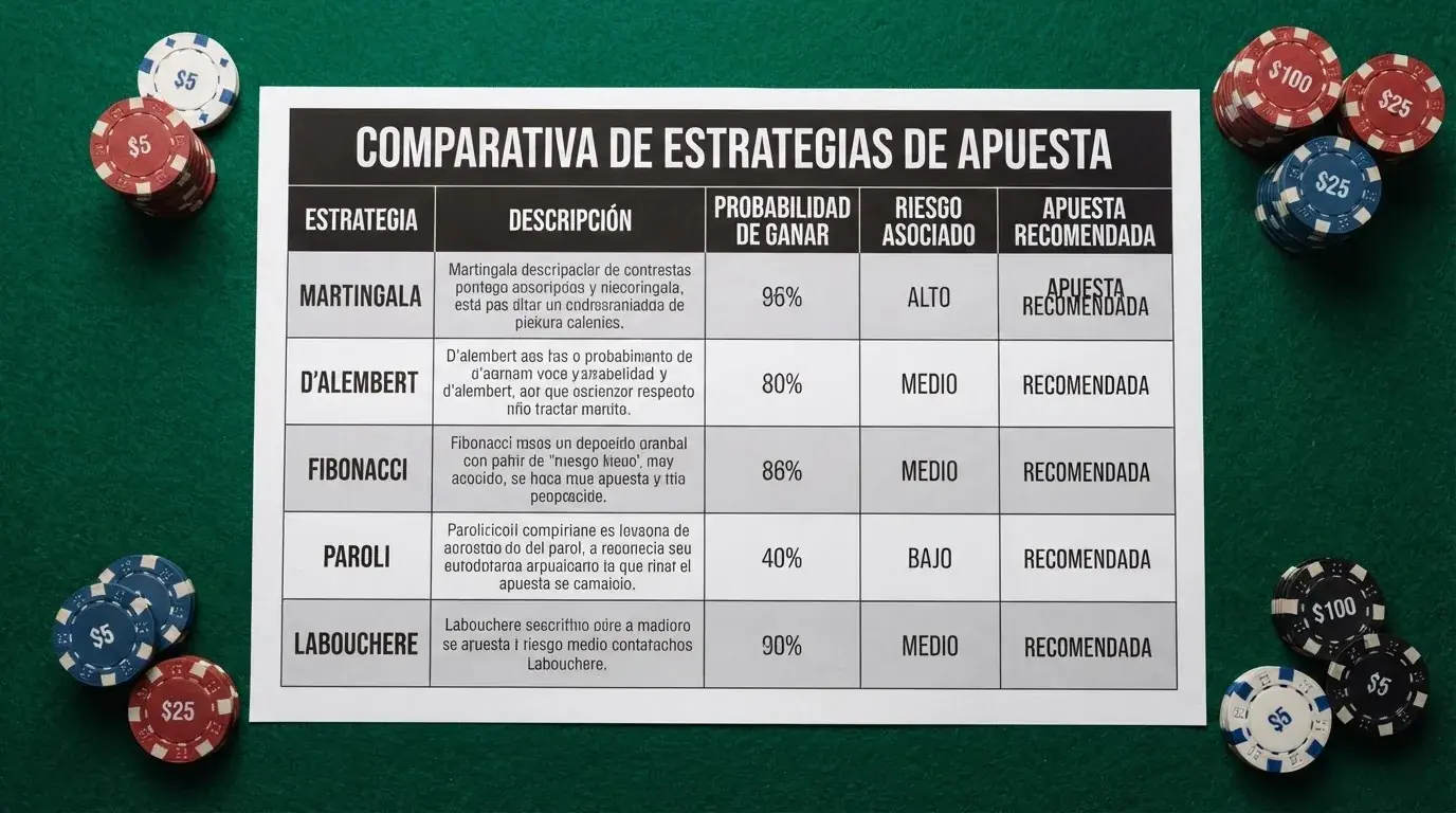 Una tabla comparativa sobre una mesa de juego con fichas de 10 euros, mostrando columnas con nombres de casinos, porcentajes de bono y cifras de rollover