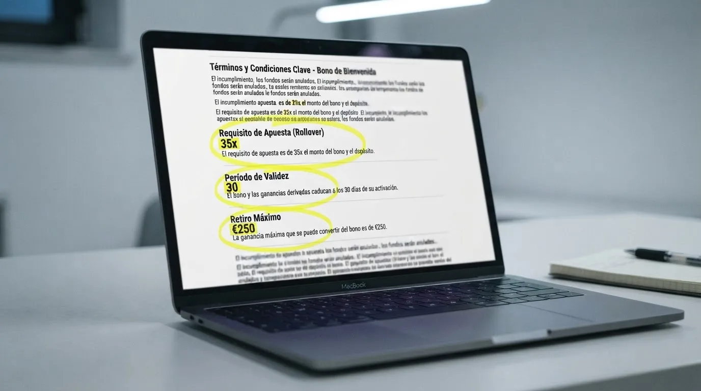 Primer plano en pantalla de los términos de un bono de casino con marcas de resaltado sobre las cifras de rollover, el plazo de validez y el límite máximo de retiro