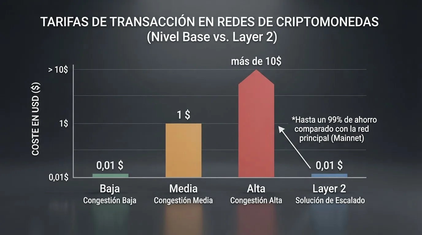 Gráfico de barras con las comisiones de red de Ethereum en periodos de baja, media y alta congestión, junto a una columna que muestra el coste en Layer 2
