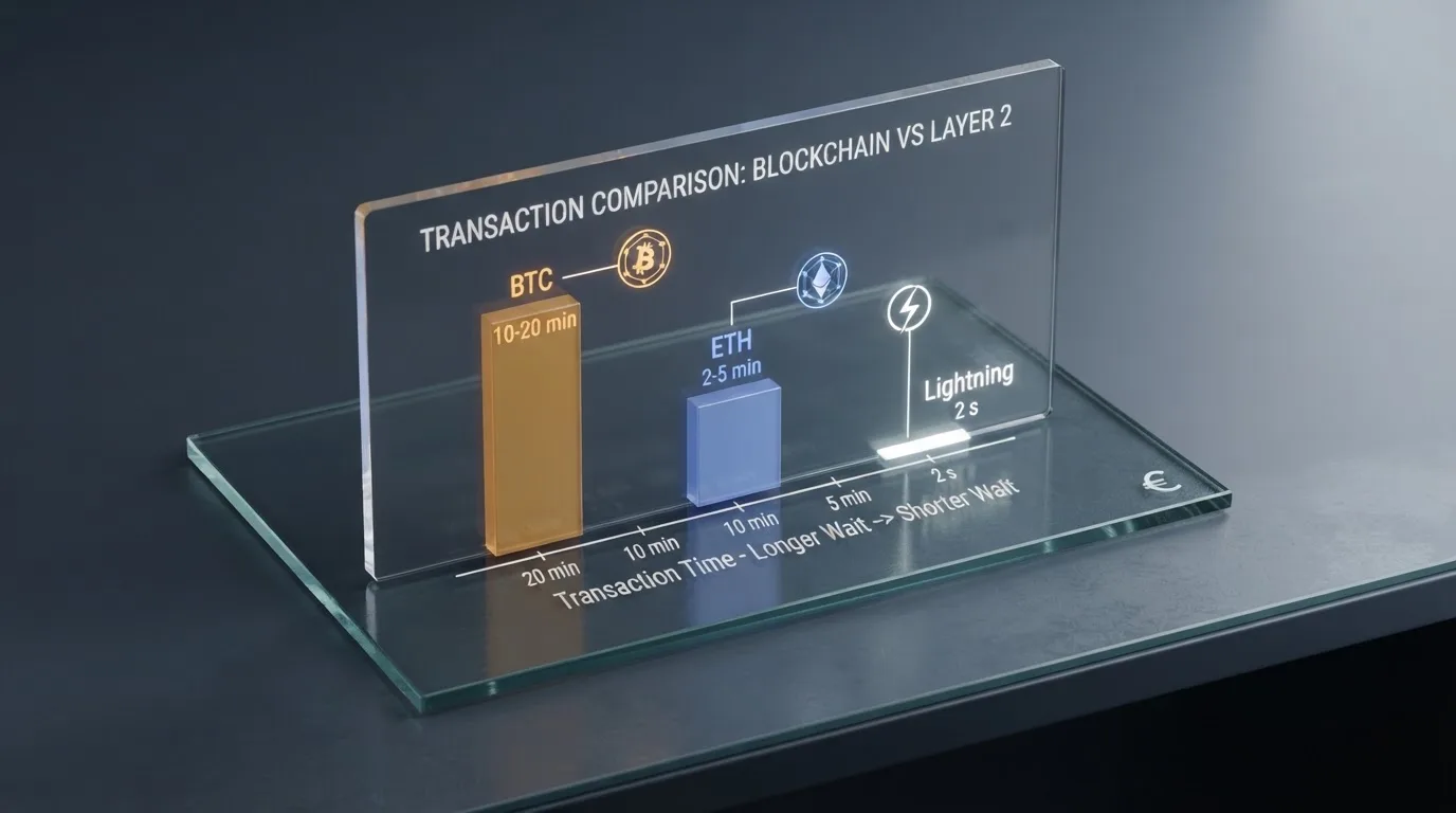 Una pantalla dividida: a la izquierda un monedero de bitcoin mostrando una transacción en curso con el reloj de confirmaciones, a la derecha una tabla con los tiempos y comisiones de BTC, ETH y Lightning Network