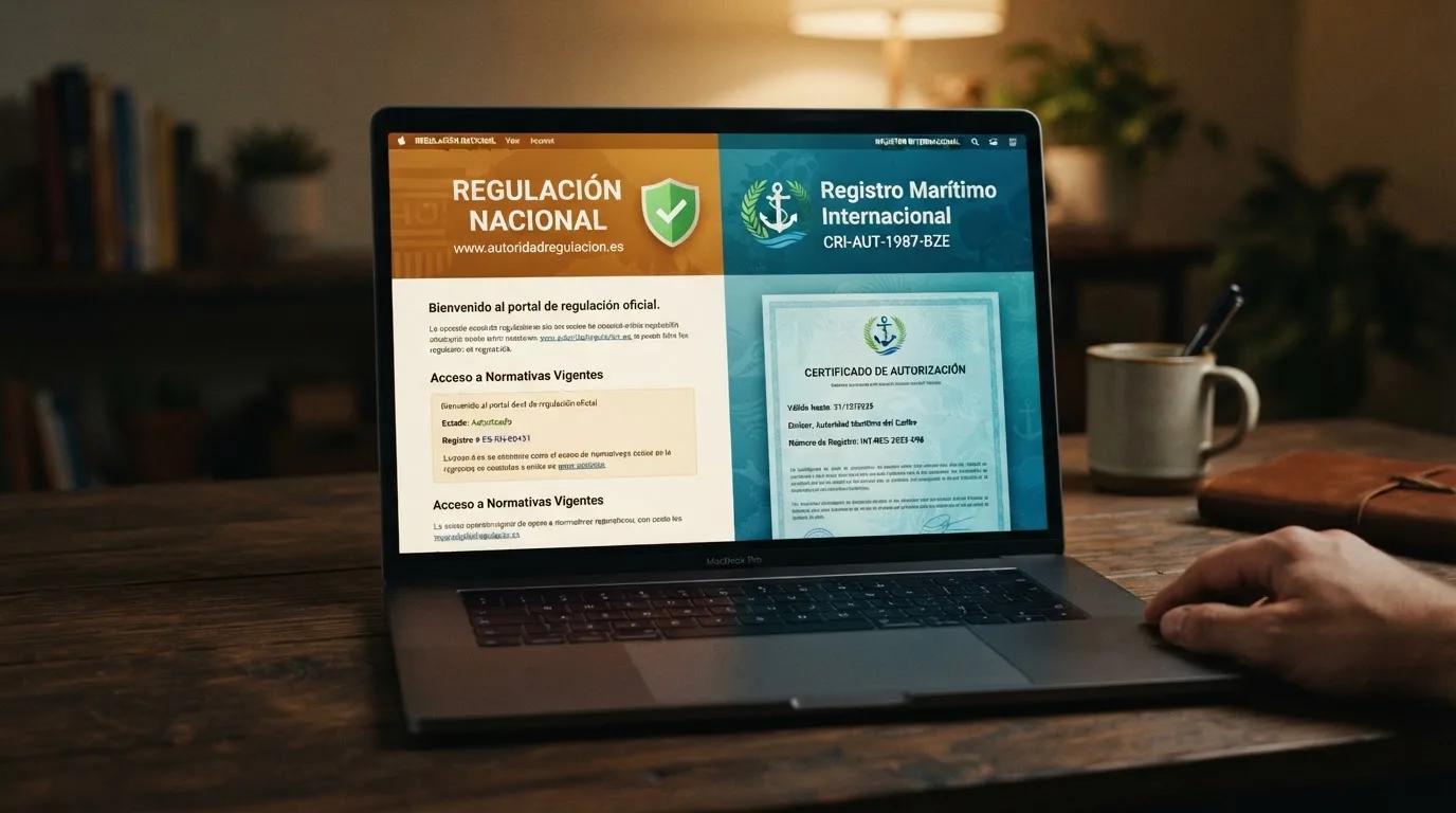 Pantalla dividida con el dominio .es y el sello de la DGOJ a la izquierda y una licencia de Curaçao con el logotipo de la CGA a la derecha