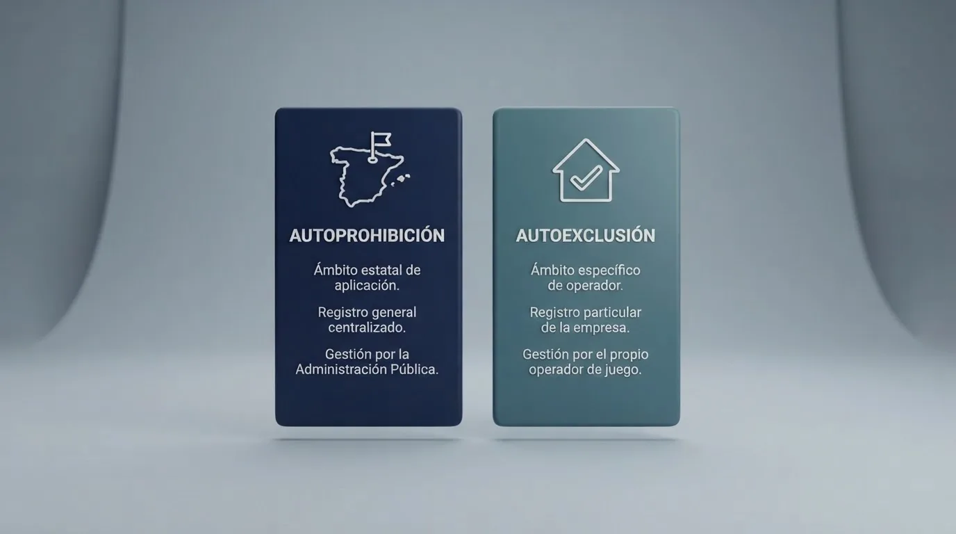 Infografía comparativa con dos columnas: a la izquierda «RGIAJ — Autoprohibición (nacional, DGOJ)» y a la derecha «Autoexclusión (por operador, por cuenta)», con iconos que representan el alcance de cada una