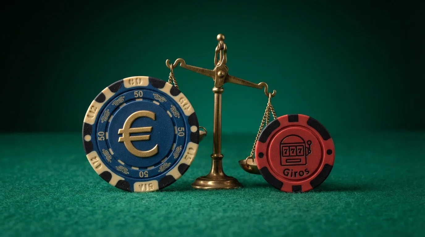 Dos fichas de casino sobre un tapete verde: una con el símbolo del euro (50 €) y otra más pequeña con el icono de una tragaperras y la etiqueta «50 giros», separadas por una balanza inclinada