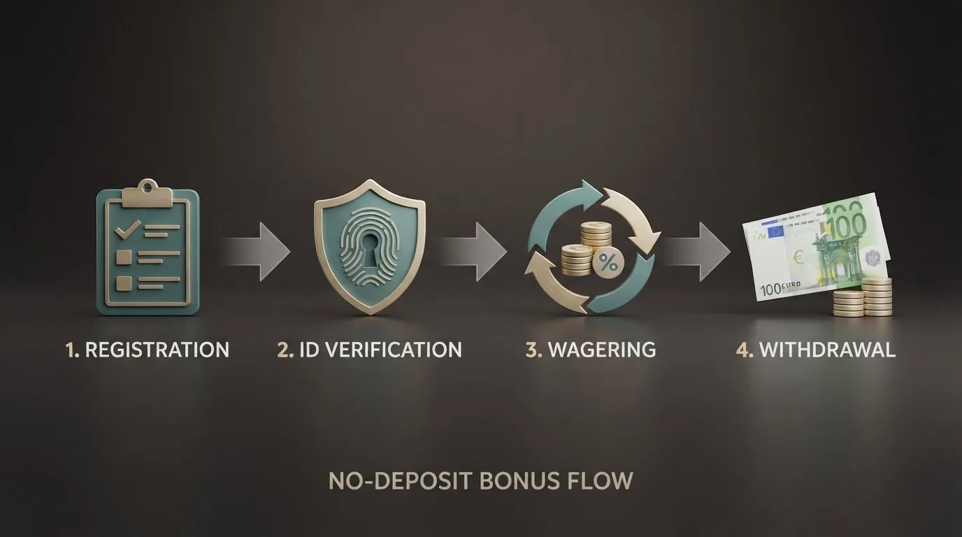 Diagrama visual con los cuatro pasos del bono sin depósito: registro, verificación, rollover y retirada, conectados por flechas