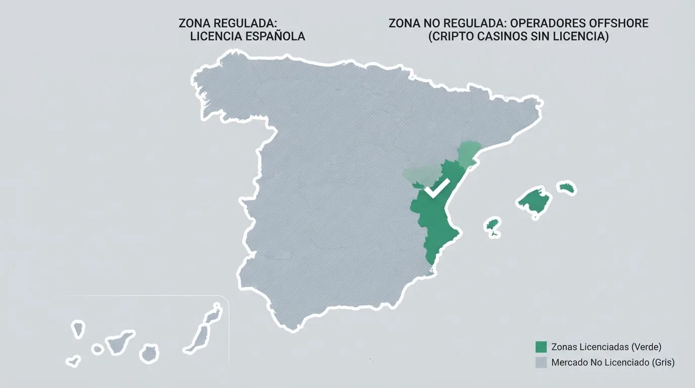 Un mapa de España con dos áreas diferenciadas: una con el sello de la DGOJ en color sólido y otra, más grande, en gris difuminado donde se sitúan los operadores offshore