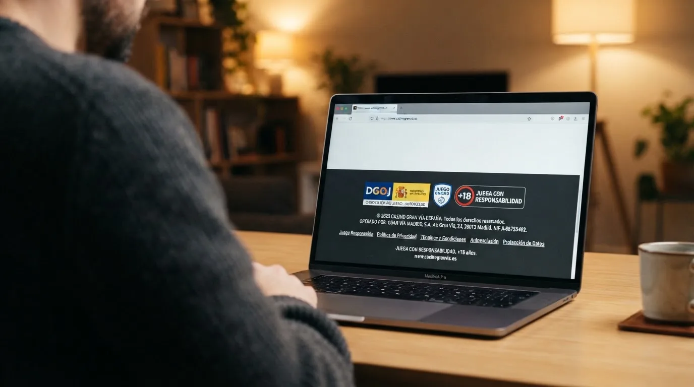 Pie de página de un casino online regulado mostrando el sello de la DGOJ y el dominio .es