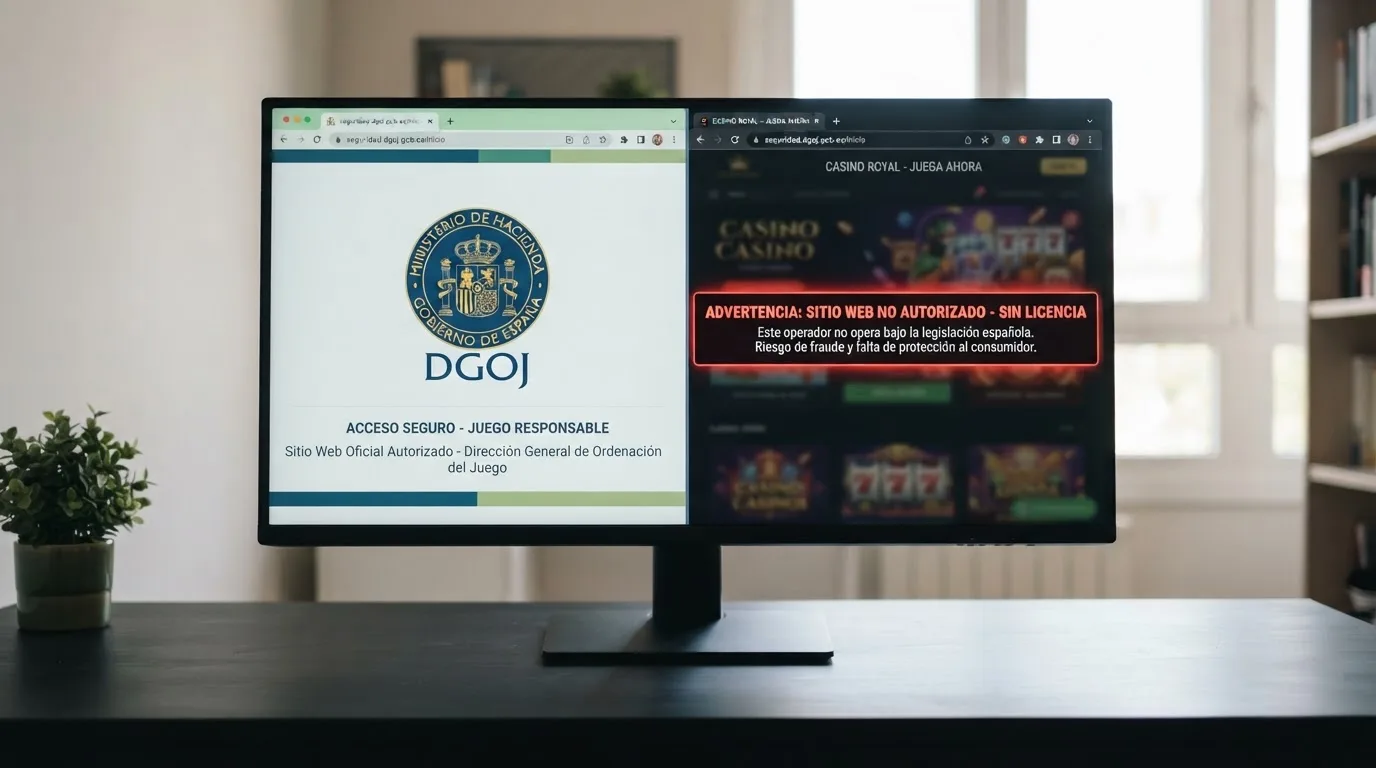Pantalla dividida: a la izquierda el sello oficial de la DGOJ junto a un dominio .es; a la derecha una web de casino con un aviso de advertencia y el texto «sin licencia»