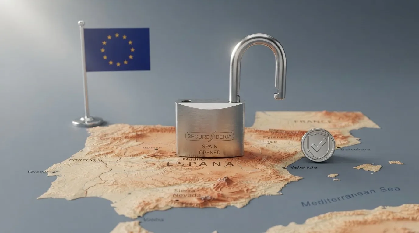 Un candado abierto sobre el mapa de España con el logotipo de la DGOJ visible, junto a la bandera europea en un escritorio con documentos