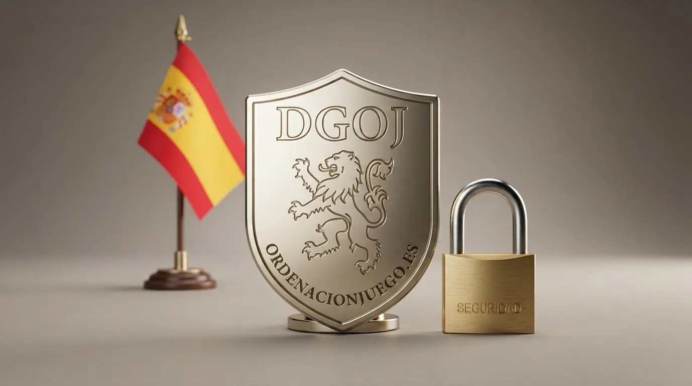Sello oficial de la DGOJ junto a un candado y la bandera de España, con el texto «ordenacionjuego.es» visible como referencia de consulta pública