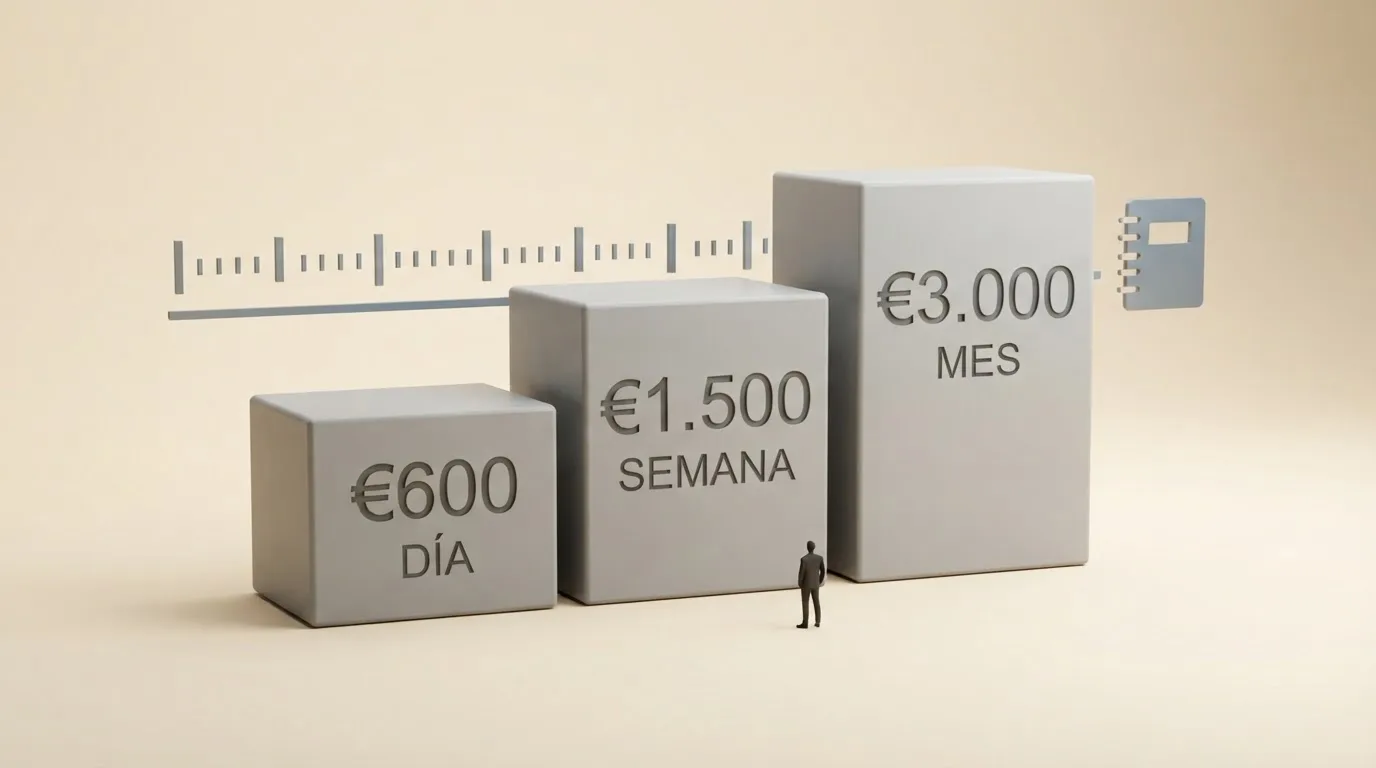 Representación visual de los tres límites de depósito obligatorios por operador — 600 euros al día, 1.500 a la semana, 3.000 al mes — con un calendario y un reloj que marcan cada franja temporal