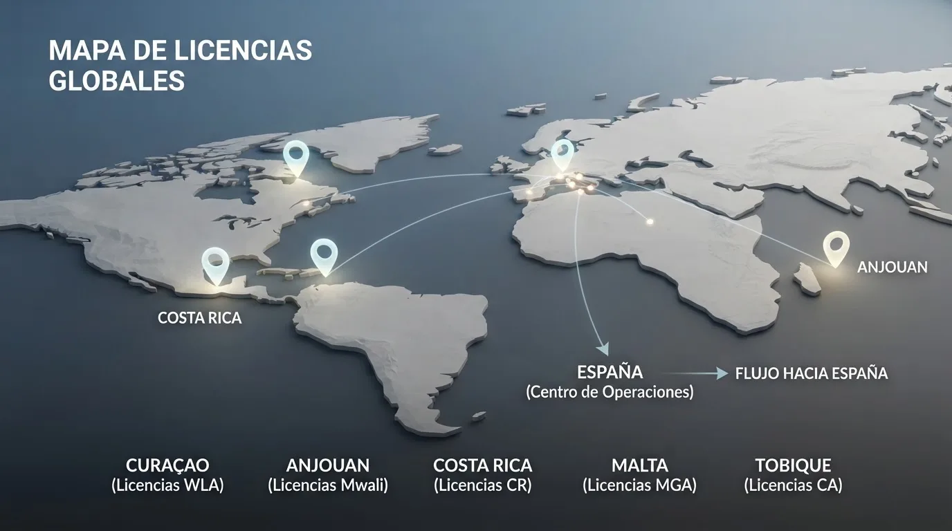 Mapa esquemático con las jurisdicciones Curazao, Anjouan, Costa Rica, Malta y Tobique señaladas como emisoras de licencias de juego