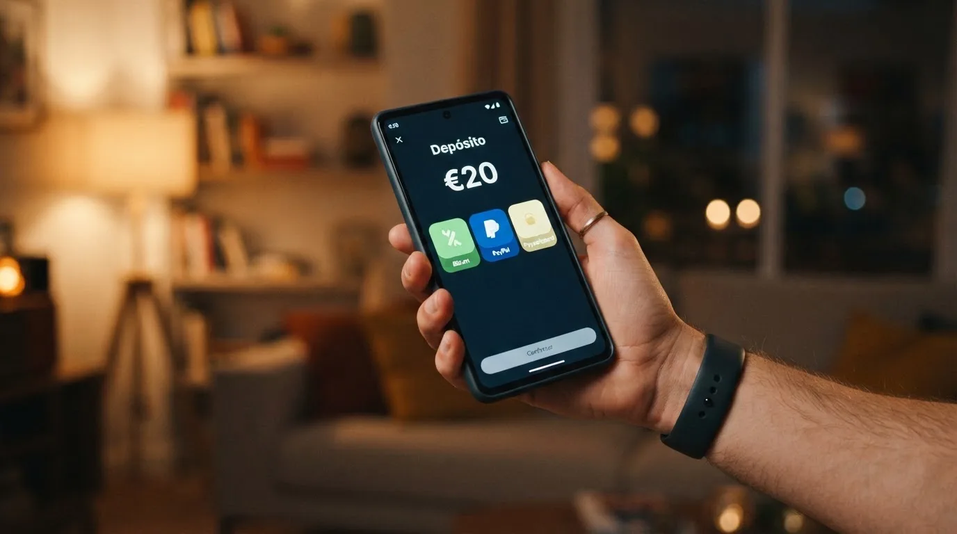 Pantalla de pago de un casino online mostrando los iconos de Bizum, PayPal y Paysafecard como métodos de depósito disponibles