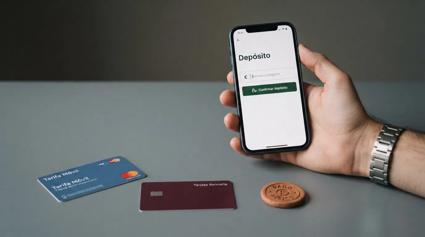 Pantalla de un móvil mostrando cuatro iconos de métodos de pago (Bizum, PayPal, tarjeta bancaria y Paysafecard) con importes mínimos diferentes bajo cada uno