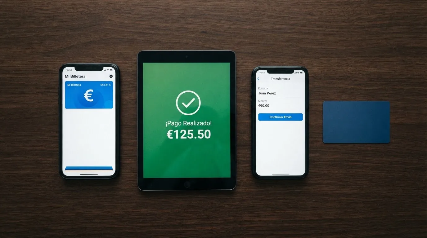 Varios dispositivos mostrando aplicaciones de métodos de pago — Bizum, PayPal y Skrill — junto a una tarjeta bancaria sobre una mesa