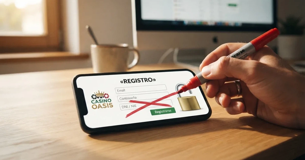 Un formulario de registro de casino online con el campo DNI tachado en rojo y un candado entreabierto junto al botón de registro