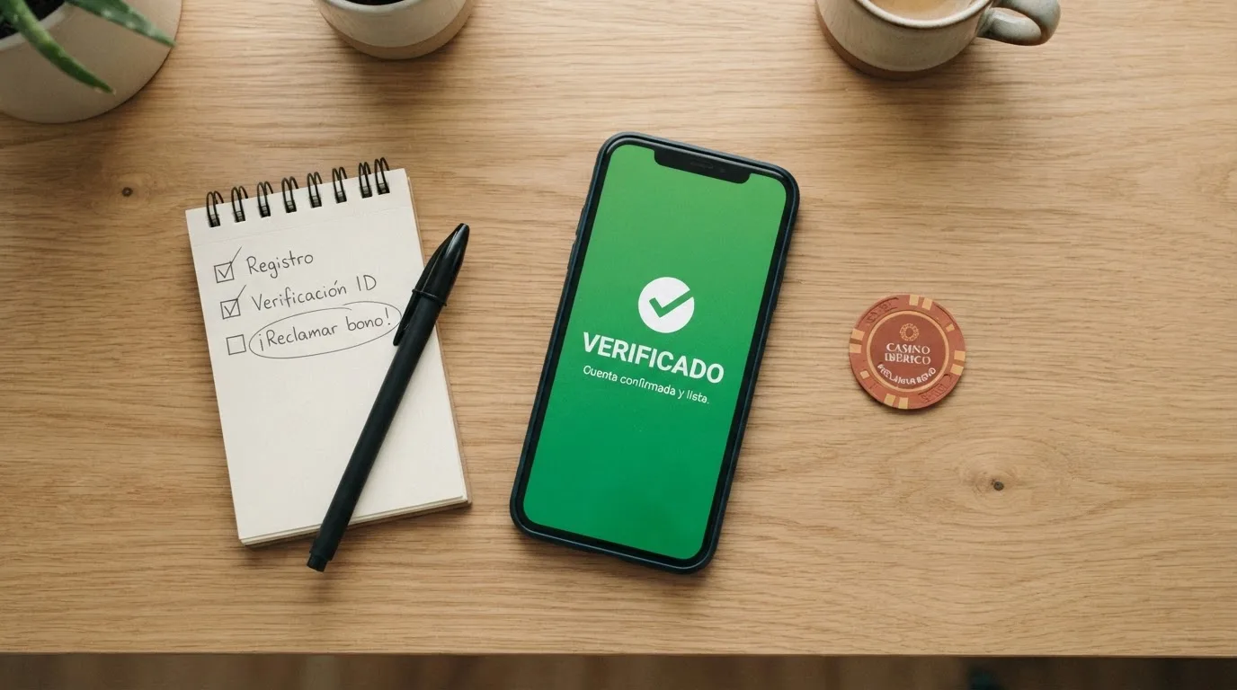 Infografía con los cinco pasos del proceso de reclamación de un bono sin depósito: registro, verificación KYC, activación, uso del saldo y solicitud de retirada