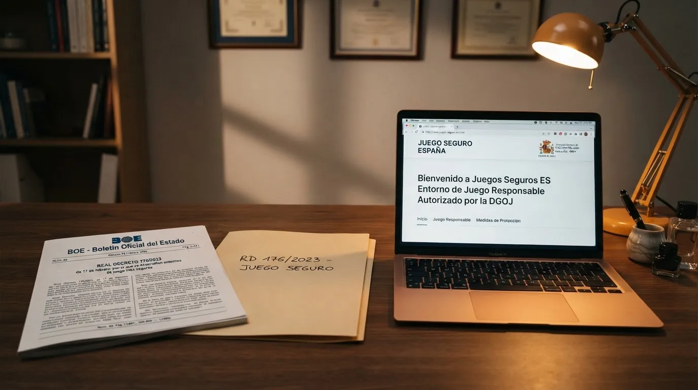 Un escritorio con documentos oficiales, el BOE abierto y una pantalla con el dominio .es de un operador autorizado, transmitiendo orden y protección institucional