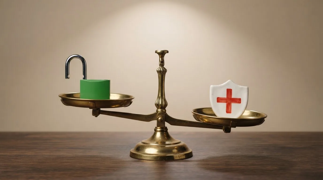 Una balanza conceptual: en un platillo, un candado abierto que representa la privacidad y la rapidez; en el otro, un escudo tachado que representa la protección legal ausente