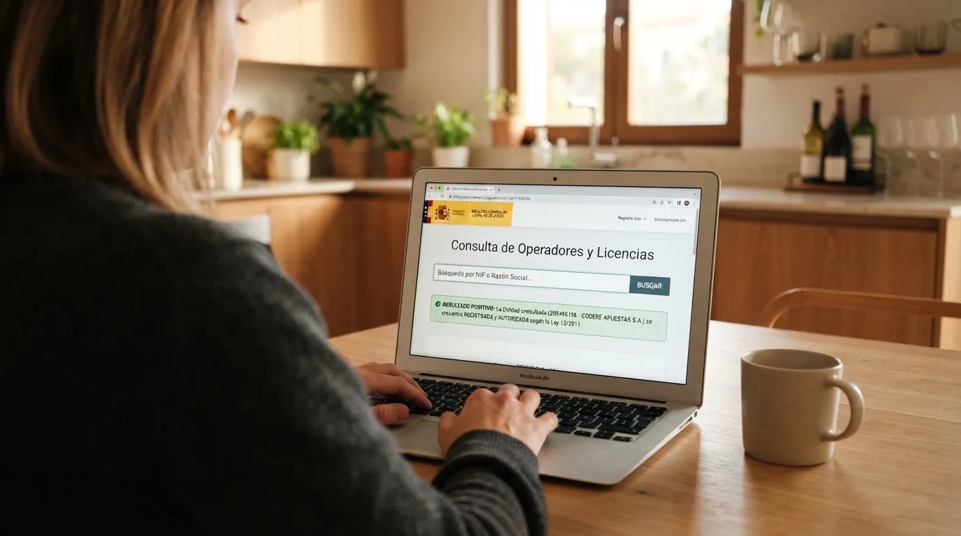 Captura del registro oficial de la DGOJ con el buscador de operadores autorizados y el dominio .es visible en la barra de direcciones